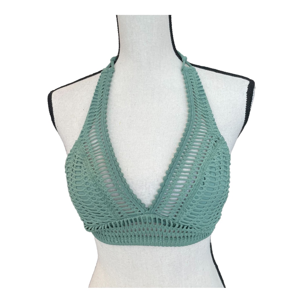 Robin Piccone Womens Sophia Crochet Halter Bikini Top Sea Green Solid Swim XS - Picture 3 of 10